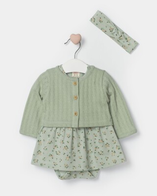 Toptan Bebek 2' li Çiçekli Bandanalı Hırkalı Elbise ve Ceket Takım 6-18M Bupper Kids 1053-24505 Yeşil