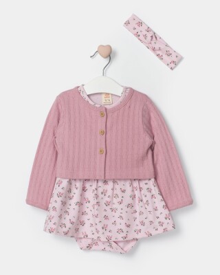 Toptan Bebek 2' li Çiçekli Bandanalı Hırkalı Elbise ve Ceket Takım 6-18M Bupper Kids 1053-24505 - 2