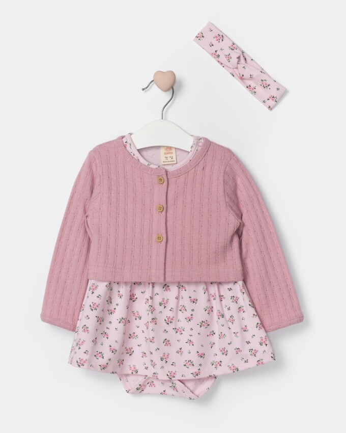 Toptan Bebek 2' li Çiçekli Bandanalı Hırkalı Elbise ve Ceket Takım 6-18M Bupper Kids 1053-24505 - 2