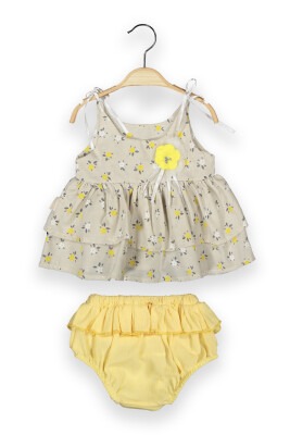 Toptan Bebek 2'li Çiçekli Külotlu Elbise Takım 6-24M Boncuk Bebe 1006-6092 Bej