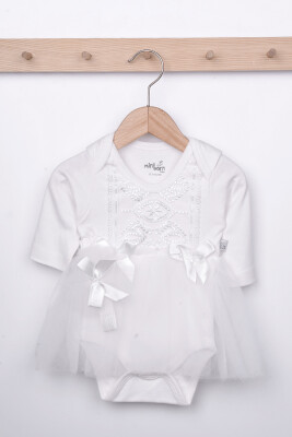 Toptan Bebek 2'li Elbise ve Saç Bandı Takım 0-12M Miniborn 2019-2199 Ekru