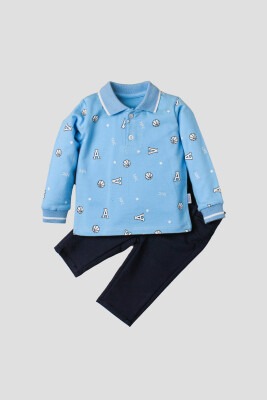 Toptan Bebek 2'li Uzun Kollu Tişört ve Pantolon Takım 9-24M Kidexs 1026-35070 Açık Mavi