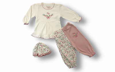 Toptan Bebek 3'lü Bluz Pantalon ve Şapka Takım 3-12M Tomuycuk 1074-75440 - Tomuycuk