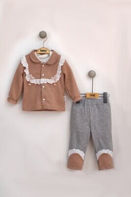 Toptan Bebek 3'lü Ceket Pantolon ve Uzun Kollu Tişört Takım 6-18M Lummy Baby 2010-9060 Somon