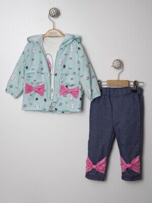 Toptan Bebek 3'lü Ceket Pantolon ve Uzun Kollu Tişört Takım 6-18M Lummy Baby 2010-9073 Mint yeşili