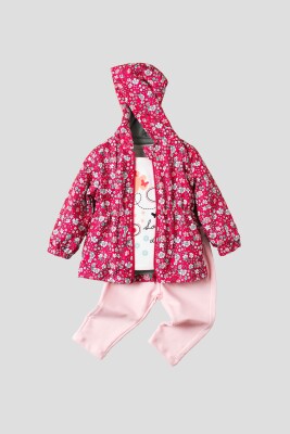 Toptan Bebek 3'lü Çiçek Baskılı Yağmurlu Tişört ve Pantolon Takım 9-24M Kidexs 1026-90100 - Kidexs