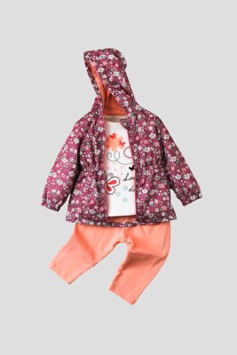 Toptan Bebek 3'lü Çiçek Baskılı Yağmurlu Tişört ve Pantolon Takım 9-24M Kidexs 1026-90100 - 2