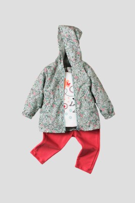 Toptan Bebek 3'lü Çiçek Baskılı Yağmurlu Tişört ve Pantolon Takım 9-24M Kidexs 1026-90100 Mint yeşili