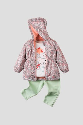 Toptan Bebek 3'lü Çiçek Baskılı Yağmurlu Tişört ve Pantolon Takım 9-24M Kidexs 1026-90100 - 4