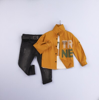 Toptan Bebek 3'lü Gömlek Tişört ve Kot Pantolon Takım 6-24M Gold Class 1010-1225 Hardal