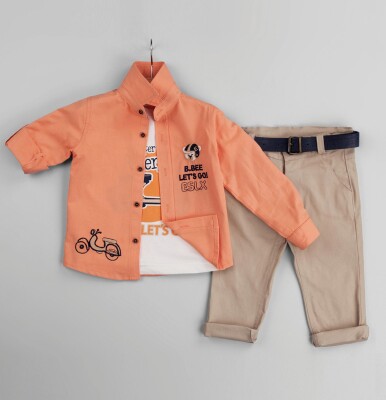 Toptan Bebek 3'lü Gömlek Tişört ve Pantolon Takım 6-24M Gold Class 1010-1234 Yavruağzı