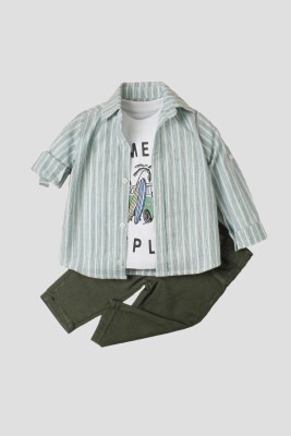 Toptan Bebek 3'lü Gömlek Tişört ve Pantolon Takım 9-24M Kidexs 1026-90130 Yeşil