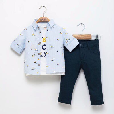 Toptan Bebek 3'lü Gömlek Tişört ve Pantolon Takım 9-24M Sani 1068-9912 Açık Mavi