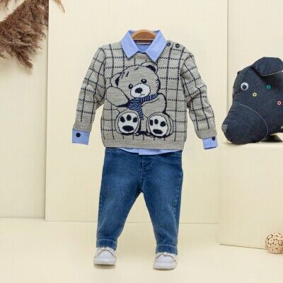 Toptan Bebek 3'lü Kazak Gömlek ve Kot Pantolon Takım 6-18M Babymuz 2009-5150 - 3