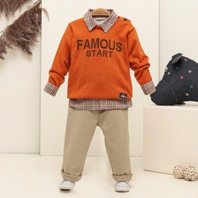 Toptan Bebek 3'lü Kazak Gömlek ve Kot Pantolon Takım 9-24M Babymuz 2009-5151 Orange