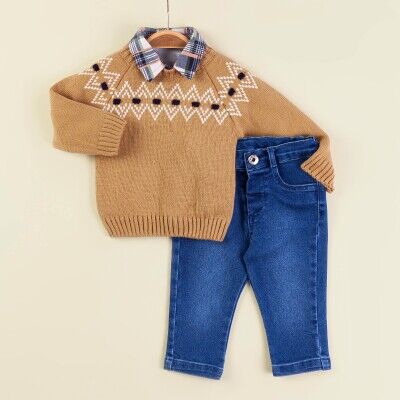 Toptan Bebek 3'lü Kazak Gömlek ve Kot Pantolon Takım 9-24M Babymuz 2009-5157 - Babymuz