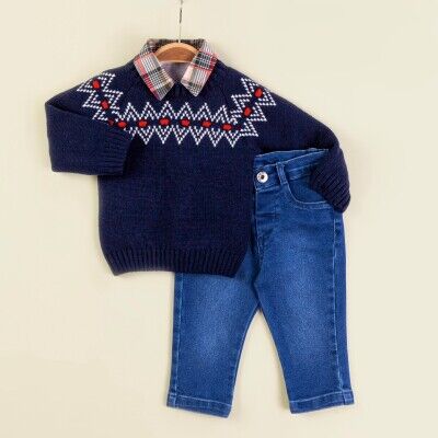 Toptan Bebek 3'lü Kazak Gömlek ve Kot Pantolon Takım 9-24M Babymuz 2009-5157 Lacivert