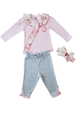 Toptan Bebek 3'lü Sweatshirt Pantalon ve Saç Bantlı Takım 3-12M Tomuycuk 1074-75560 - 1