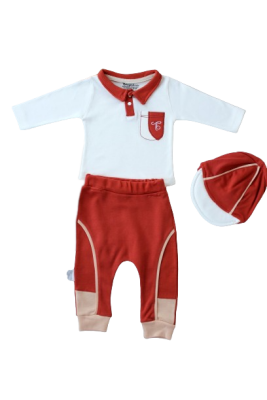 Toptan Bebek 3'lü Sweatshirt Pantalon ve Şapka Takım 3-12M Tomuycuk 1074-75553 Kiremit