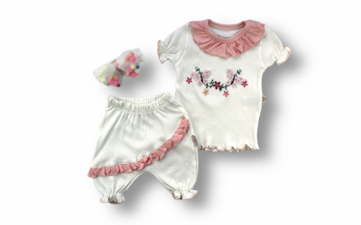 Toptan Bebek 3'lü Tişört Şort ve Saç Bantlı Takım 6-18M Tomuycuk 1074-75510 Pudra