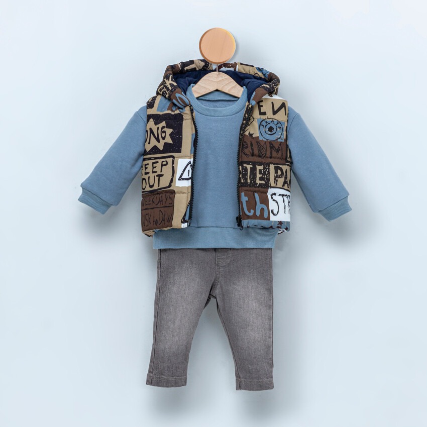 Toptan Bebek 3'lü Yelek Sweatshirt ve Kot Pantolon Takım 9-24M Cumino 1014-CMN3375 - 1