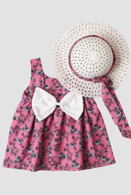 Toptan Bebek Çiçek Desenli Şapkalı Elbise 6-24M Kidexs 1026-60192 Pembe