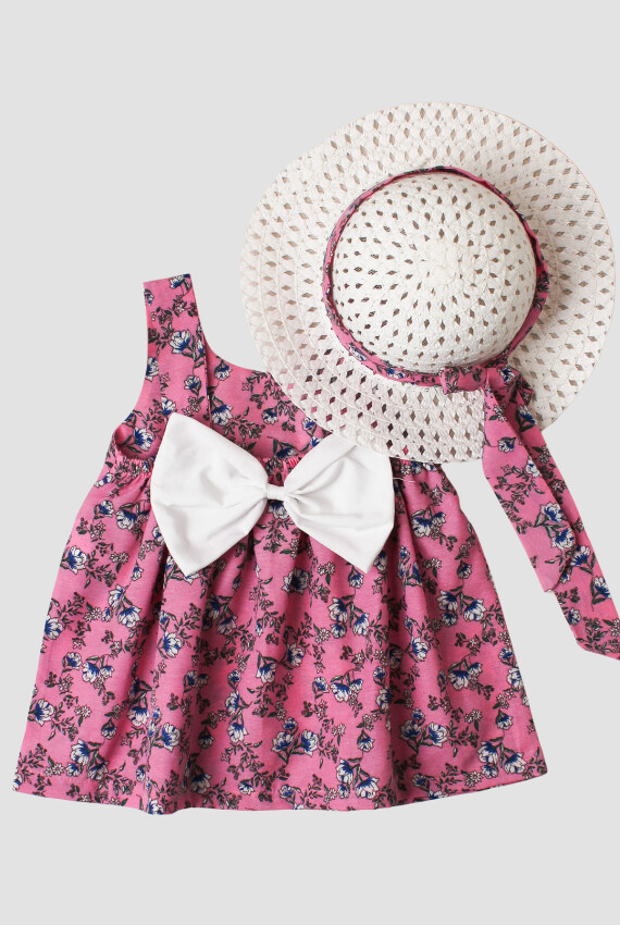 Toptan Bebek Çiçek Desenli Şapkalı Elbise 6-24M Kidexs 1026-60192 - 1