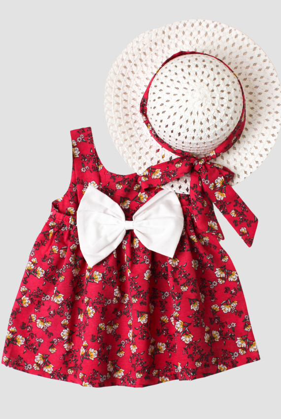 Toptan Bebek Çiçek Desenli Şapkalı Elbise 6-24M Kidexs 1026-60192 - 2