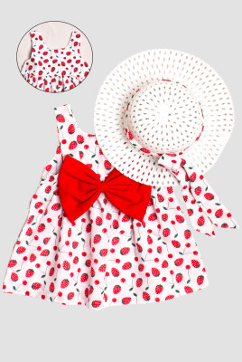 Toptan Bebek Çilek Desenli Şapkalı Elbise 6-24M Kidexs 1026-60183 Kırmızı