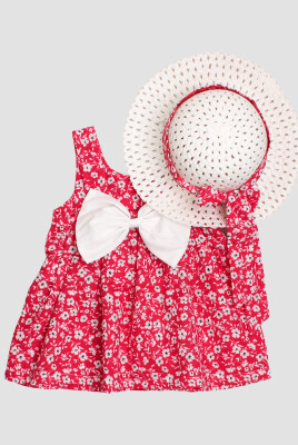 Toptan Bebek Çıtır Çiçek Desenli Şapkalı Elbise 6-24M Kidexs 1026-60191 Fuşya