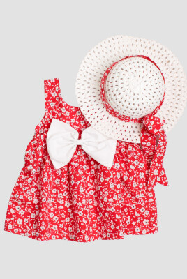 Toptan Bebek Çıtır Çiçek Desenli Şapkalı Elbise 6-24M Kidexs 1026-60191 Kırmızı