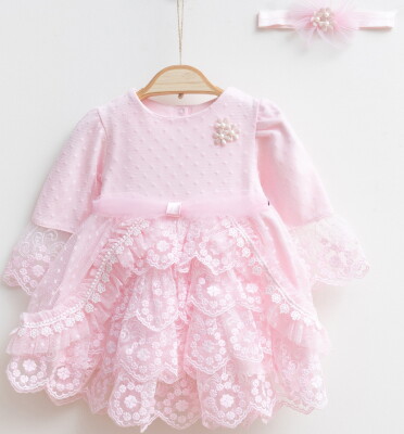 Toptan Bebek Elbise ve Saç Bandanası Takım 0-12M Miniborn 2019-3030 Pembe