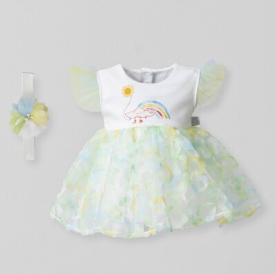 Toptan Bebek Elbise ve Saç Bandanası Takım 0-12M Miniborn 2019-3133 Yeşil