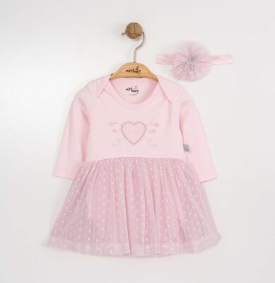 Toptan Bebek Elbise ve Saç Bandanası Takım 0-12M Miniborn 2019-3320 Pembe