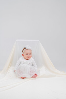 Toptan Bebek Elbise ve Saç Bandanası Takım 0-12M Miniborn 2019-3320 Ekru