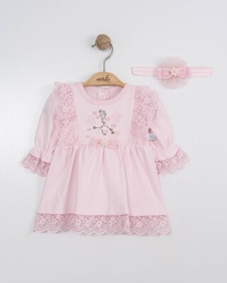 Toptan Bebek Elbise ve Saç Bandanası Takım 0-12M Miniborn 2019-3379 Pembe