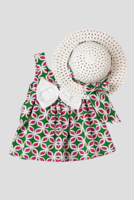 Toptan Bebek Geometrik Desenli Şapkalı Elbise 6-24M Kidexs 1026-60167 Yeşil