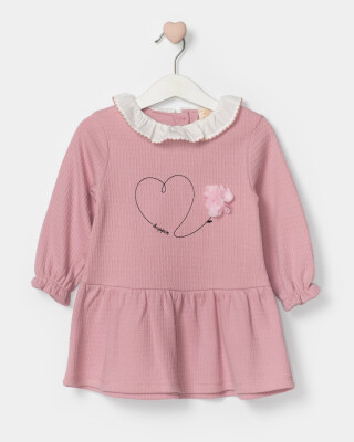 Toptan Bebek Kalp Nakışlı Çiçekli Elbise 9-24M Bupper Kids 1053-24533 Pudra