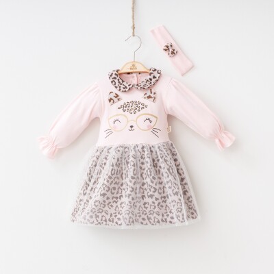 Toptan Bebek Leoparlı Elbise ve Bandana Takım 6-18M Minizeyn 2014-4004 - Minizeyn