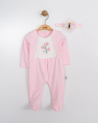 Toptan Bebek Tulum ve Saç Bandanası Takım 0-6M Miniborn 2019-6149 Pembe