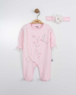 Toptan Bebek Tulum ve Saç Bandanası Takım 0-6M Miniborn 2019-6169 Pembe