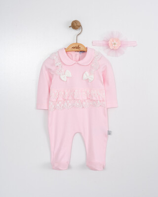 Toptan Bebek Tulum ve Saç Bandanası Takım 0-6M Miniborn 2019-6171 Pembe