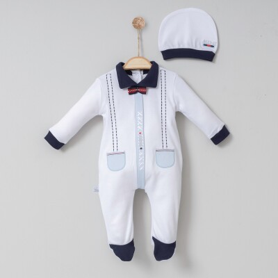 Toptan Bebek Tulum ve Şapka Takım 0-6M Miniborn 2019-6071 Beyaz
