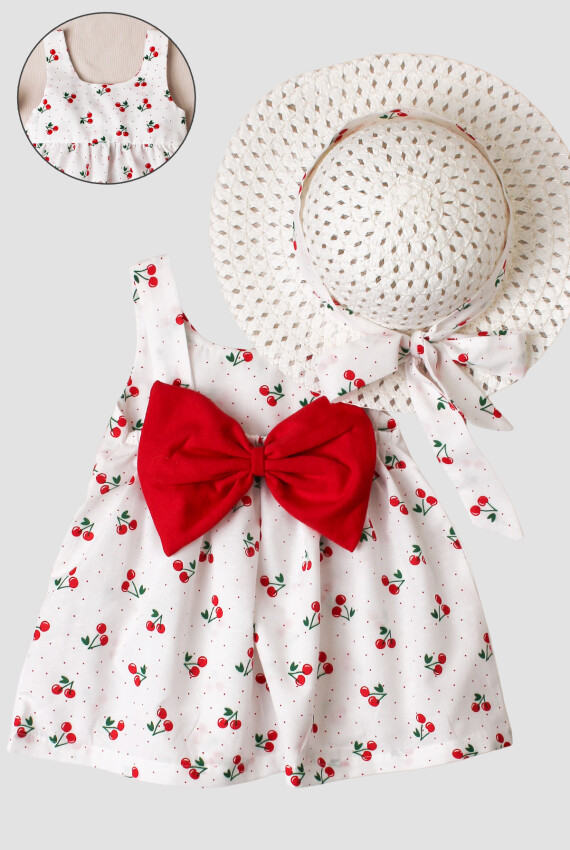 Toptan Bebek Vişne Desenli Şapkalı Elbise 6-24M Kidexs 1026-60188 - 2