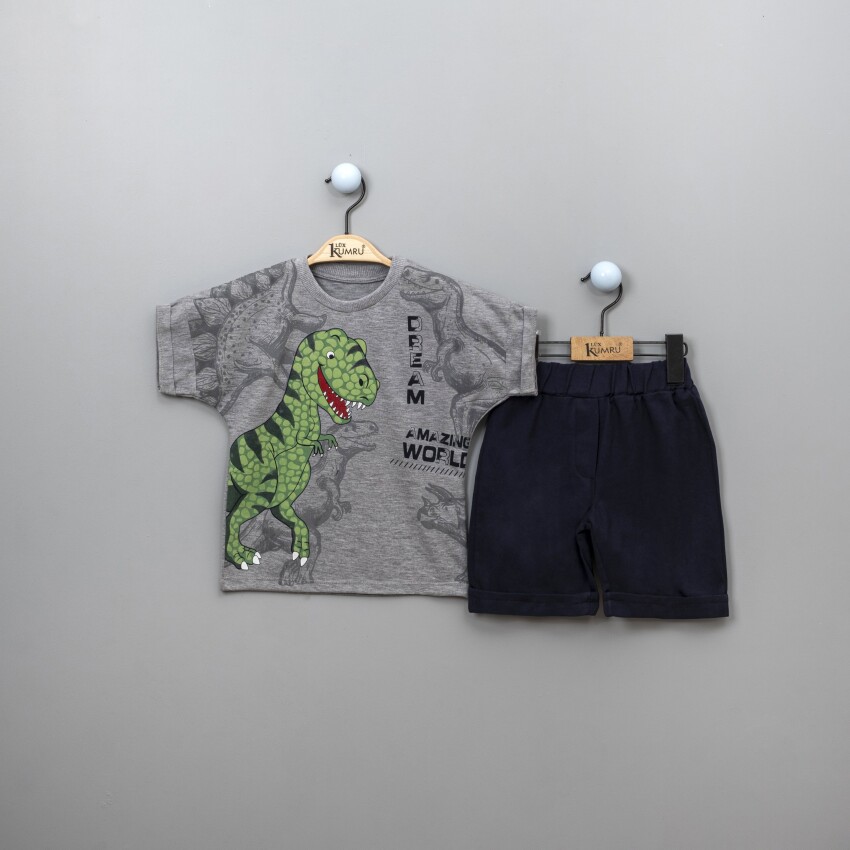 Toptan Dinozor Baskılı T-Shirt ve Şort Takım 2-5Y Kumru Bebe 1075-3880 - 2