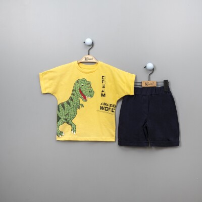 Toptan Dinozor Baskılı T-Shirt ve Şort Takım 2-5Y Kumru Bebe 1075-3880 Sarı