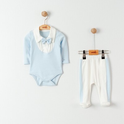 Toptan Erkek Bebek 2'li Badi ve Pantolon Takımı 0-6M Miniborn 2019-9070 Mavi