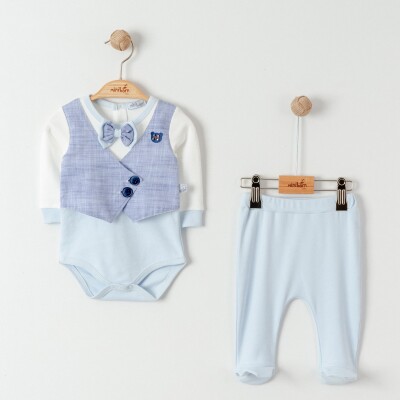 Toptan Erkek Bebek 2'li Badi ve Pantolon Takımı 0-6M Miniborn 2019-9073 Mavi