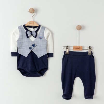 Toptan Erkek Bebek 2'li Badi ve Pantolon Takımı 0-6M Miniborn 2019-9073 - Miniborn