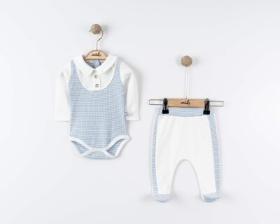 Toptan Erkek Bebek 2'li Body ve Pantolon Takımı 0-6M Miniborn 2019-9090 Mavi